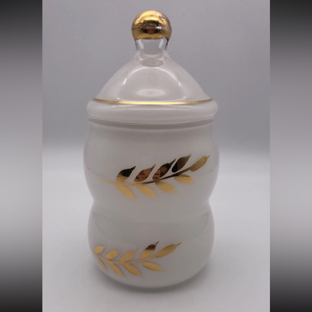 Vintage COLONIAL Glass BLENDO Apothecary Jar w/Lid Retro Glass White/gold